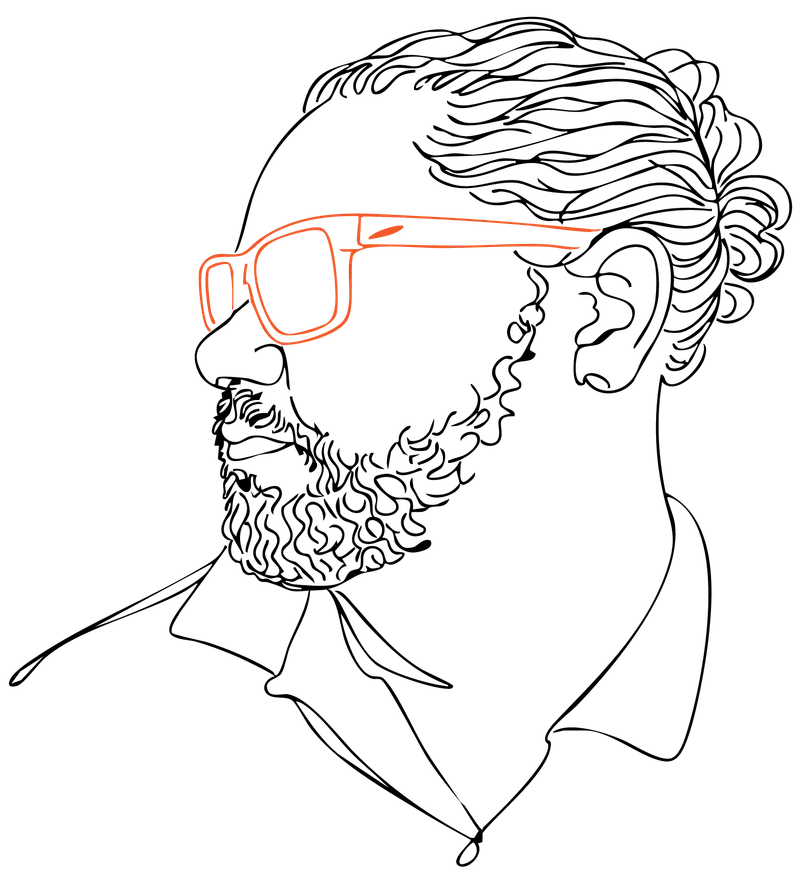 Line drawing of Ashar Waheed in profile, wearing orange glasses